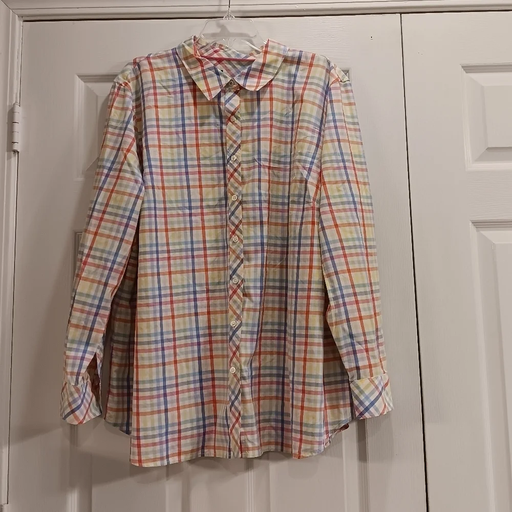 Talbots Yellow Blue Multicolored Plaid Long Sleeve Button Up Shirt Size 3X